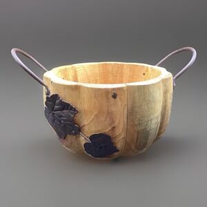 Wood Pumpkin Basket W/Metal Leaves‎ And Handles-6" D-Fall/Autumn Decor